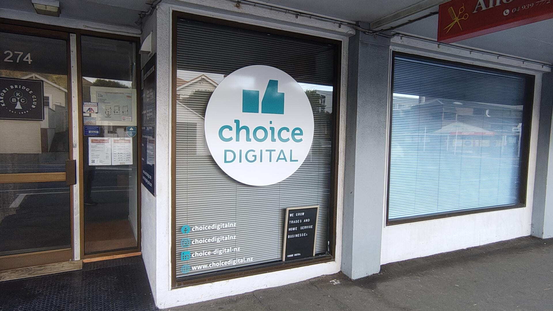 Choice Digital storefront with large window sign