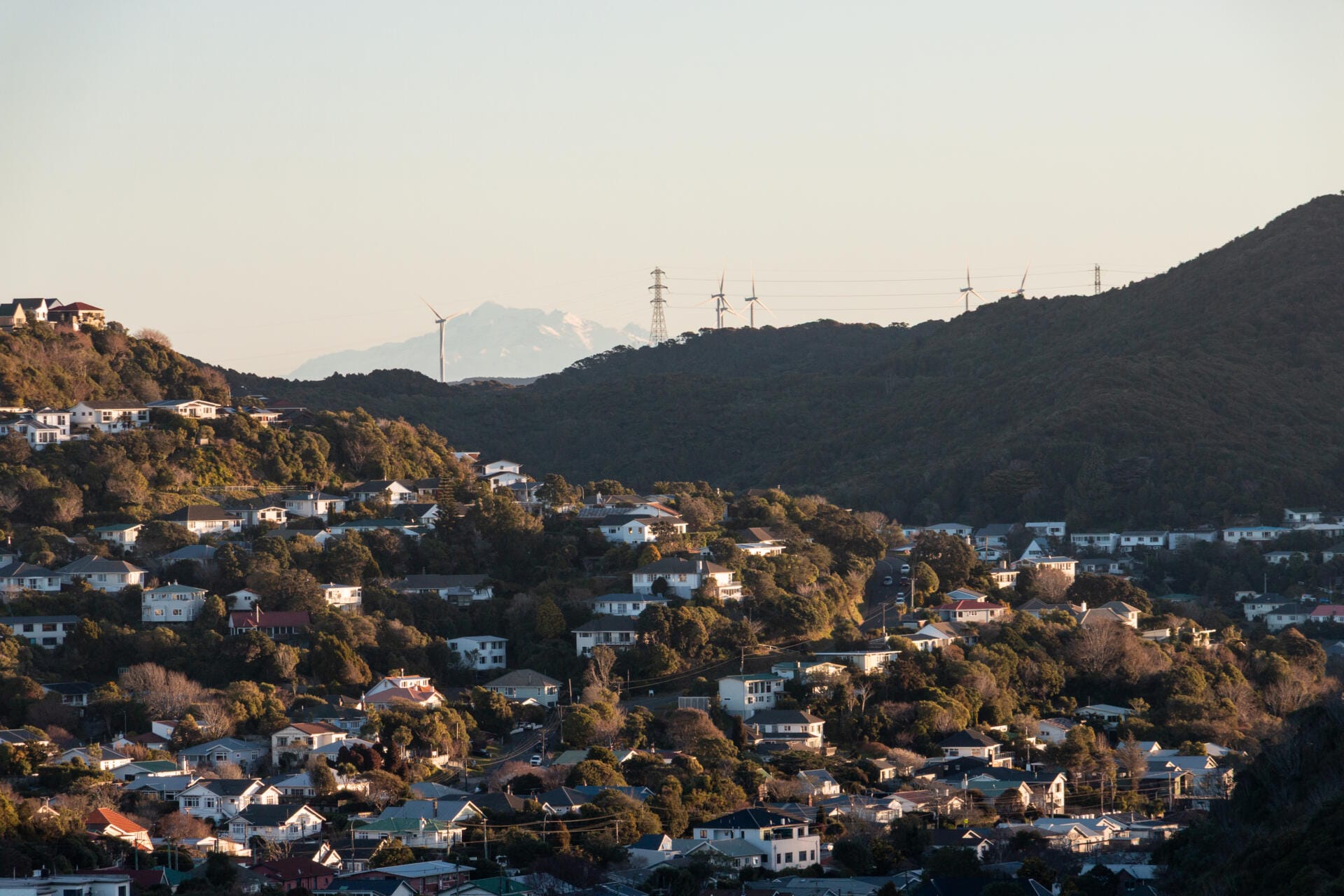 View toward Makara Rd, Karori with wind farm and mountains in the background