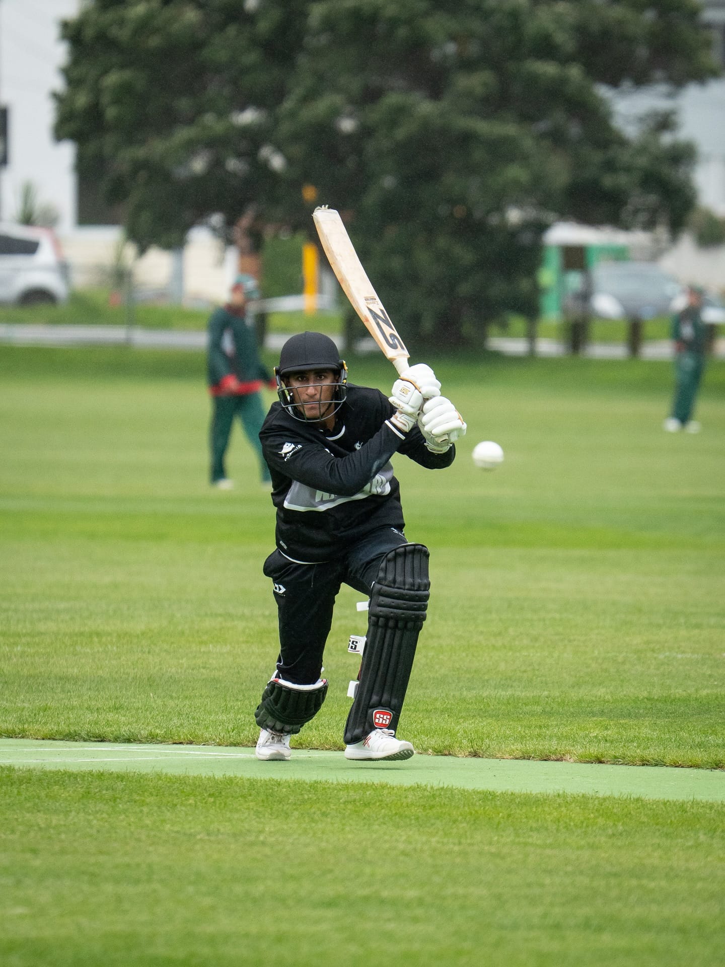 Cricket player batting on grassy field