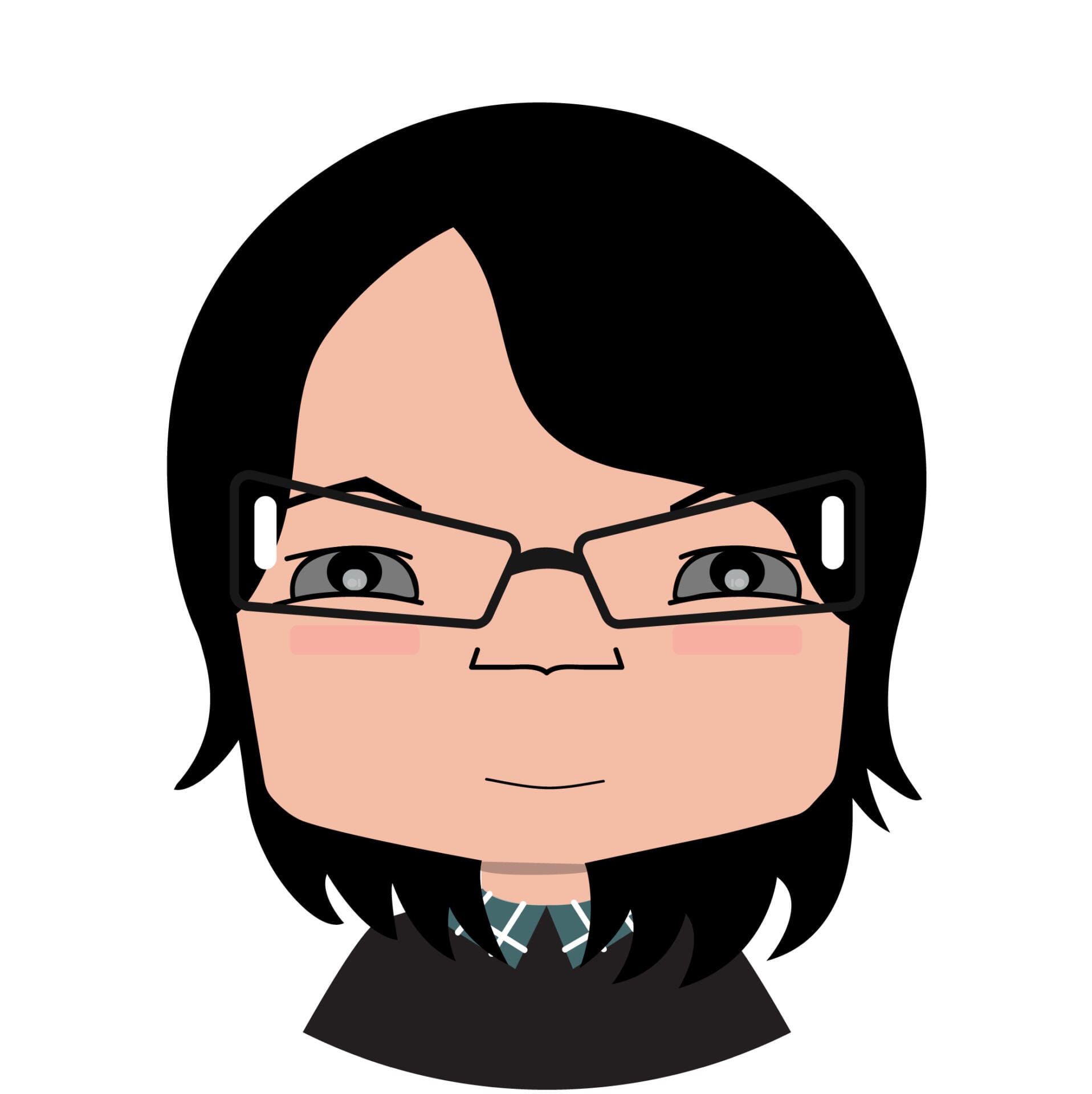 Cartoon avatar of person with black hair and glasses