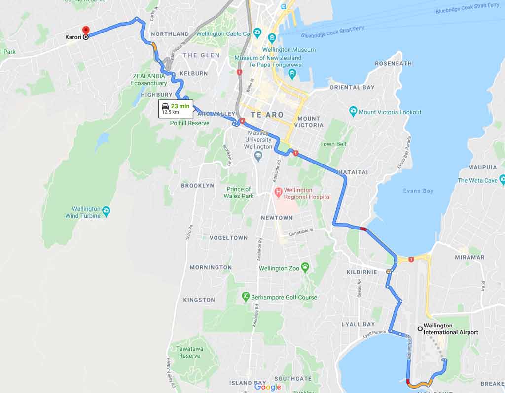 Map route from Karori to Wellington Airport