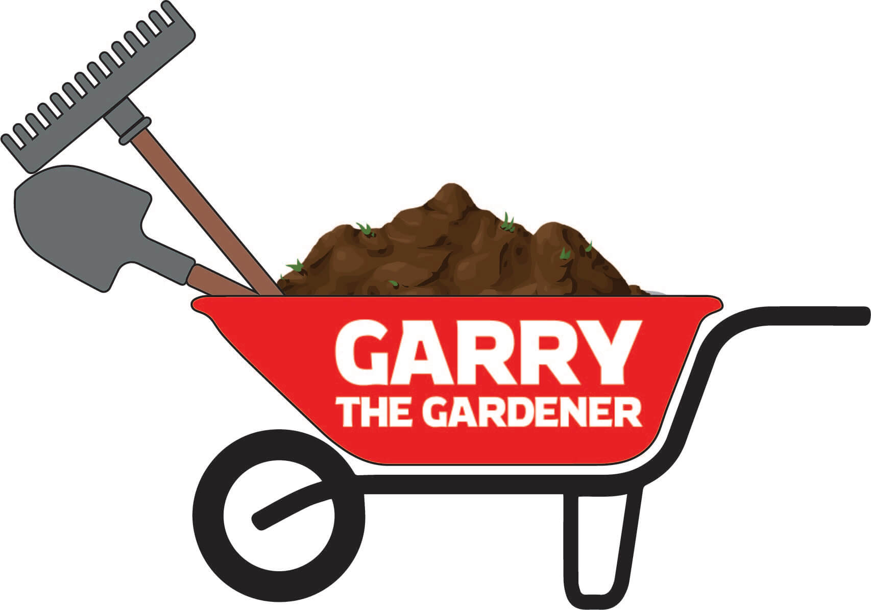 Wheelbarrow with soil and gardening tools logo