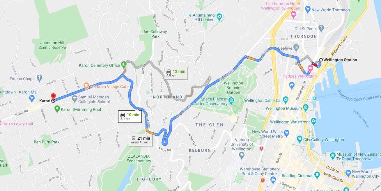 Map showing route from Wellington Station to Karori