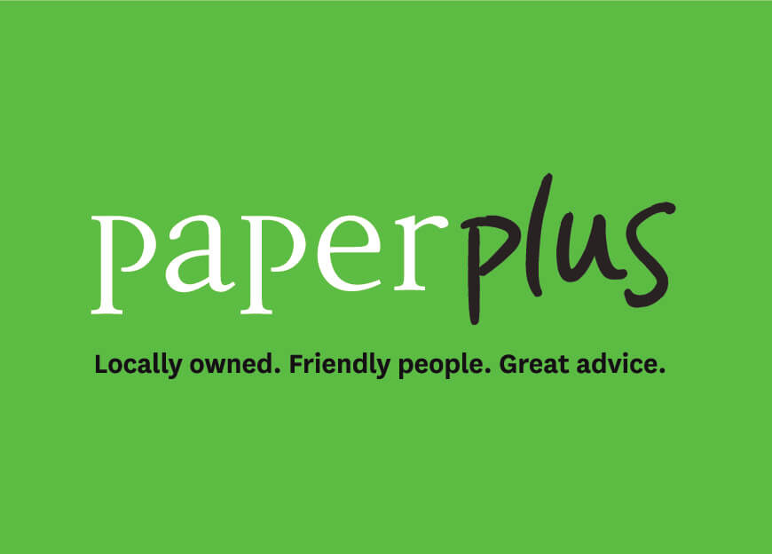 Paper Plus logo on bright green background
