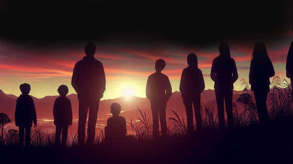 Silhouetted family watching sunset over mountain valley